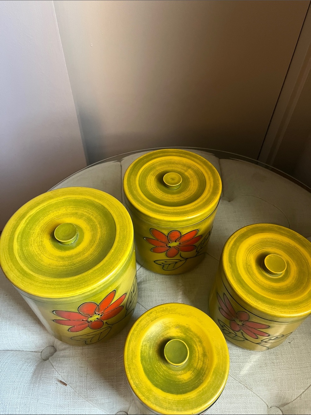 Vintage Yellow Floral Metal Canister Set - 4pc Made In Japan - Picture 3 of 9